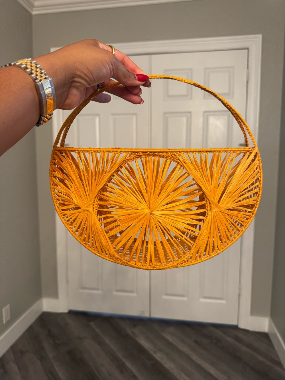 Handwoven Yellow Straw Circle Tote